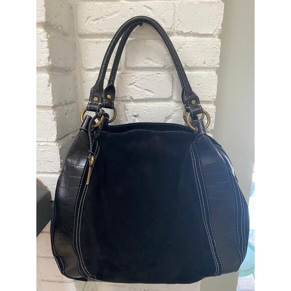 Fossil 75082 Black Suede embossed leather Large Capacity Shoulder bag Handbag - Picture 1 of 10